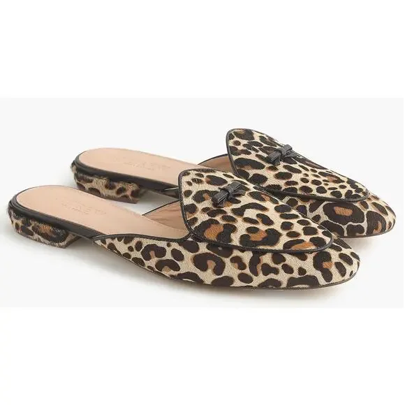 J.Crew Leopard Calf Hair Piped Loafer Mules Women’s Size 9 Leather Slip On Flats - Picture 3 of 7